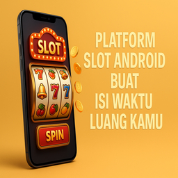 Ilustrasi 3D smartphone menampilkan slot Android dengan teks "Platform Slot Android Buat Isi Waktu Luang Kamu" dan koin emas keluar dari layar.