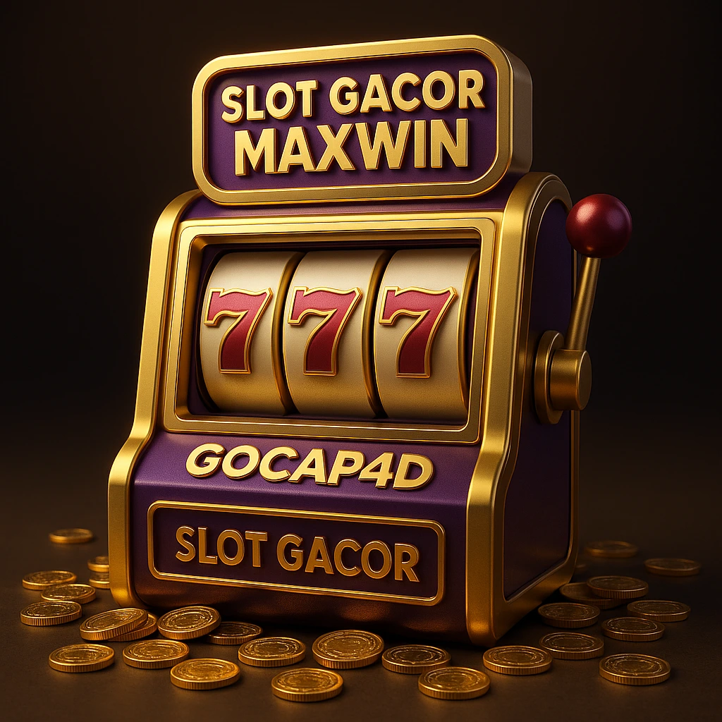 Mesin slot 3D dengan desain emas dan ungu bertuliskan Slot Gacor Maxwin dan GOCAP4D, menampilkan simbol 777 dan koin emas sebagai simbol cuan.
