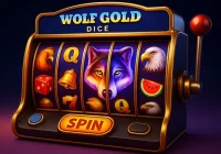Mesin slot 3D Wolf Gold Dice dengan grafis visual HD menampilkan simbol serigala, dadu, elang, lonceng emas, dan semangka