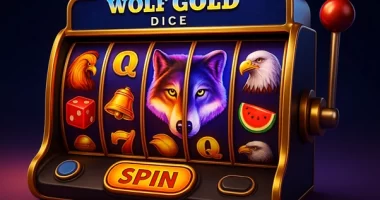 Mesin slot 3D Wolf Gold Dice dengan grafis visual HD menampilkan simbol serigala, dadu, elang, lonceng emas, dan semangka