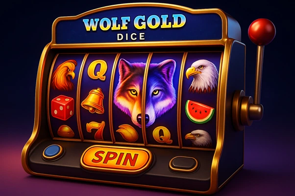 Mesin slot 3D Wolf Gold Dice dengan grafis visual HD menampilkan simbol serigala, dadu, elang, lonceng emas, dan semangka